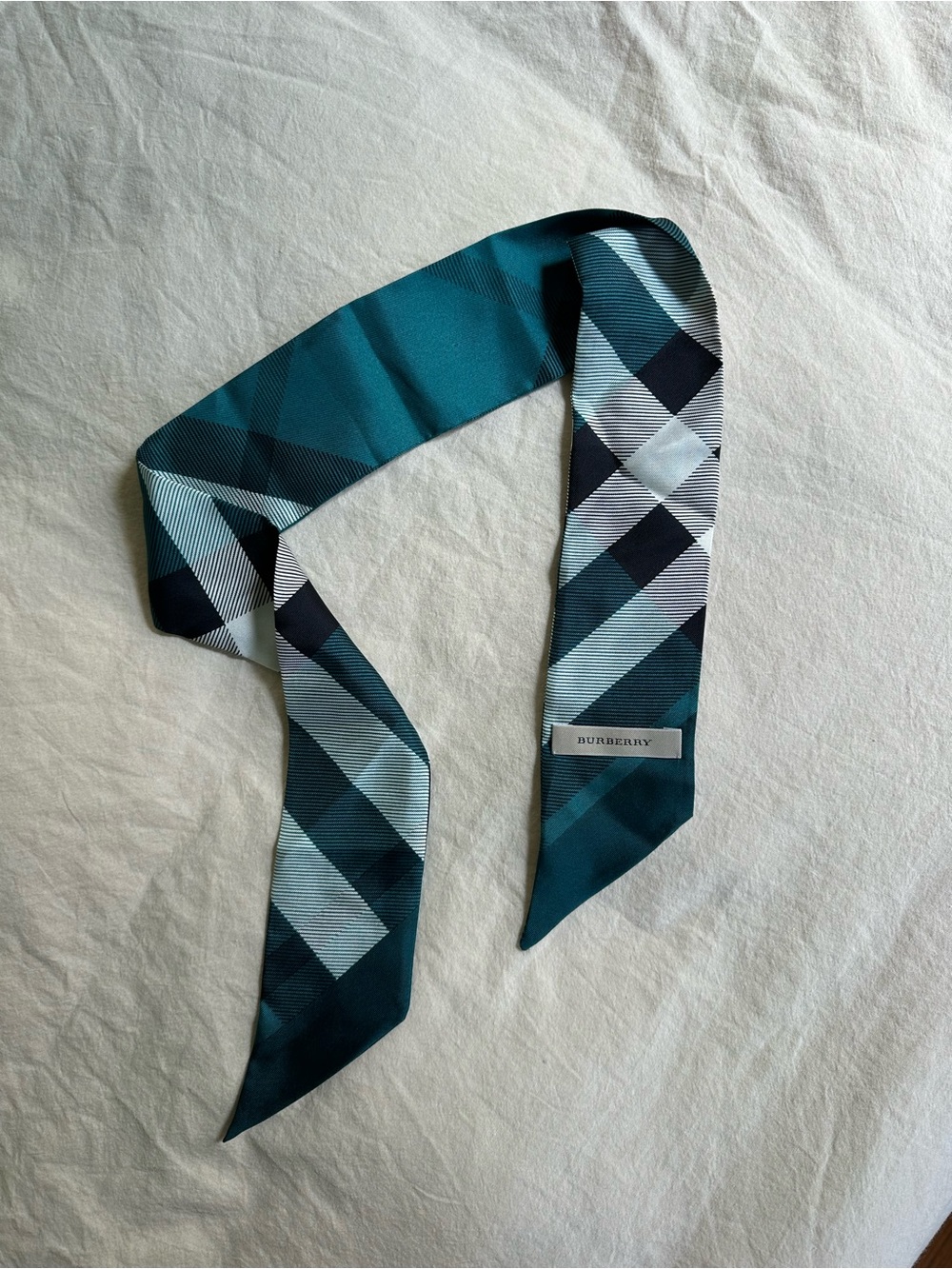 Burberry Teal and Light Blue Plaid Twilly